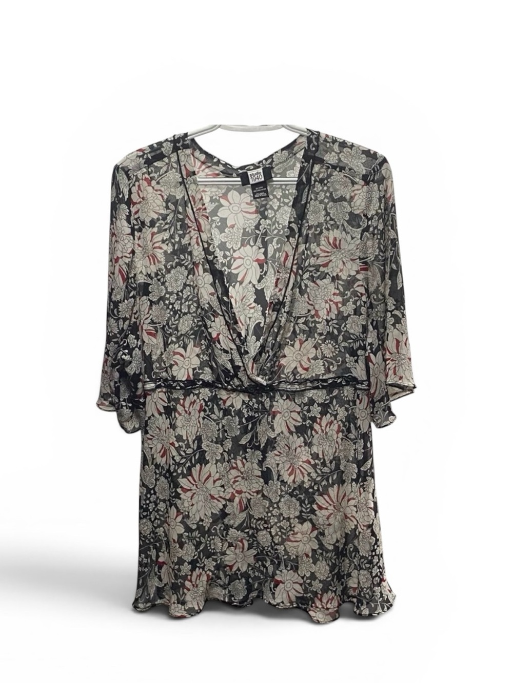 Studio 1940 Sheer Floral Deep V Neck Lightweight Black/White/Red Blouse sz 22/24